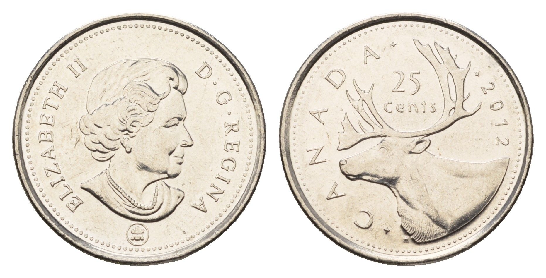 Канада 25 центов 2012 Елизавета II (1952-2022), олень KM 493 сталь плакированная никелем 110-341
