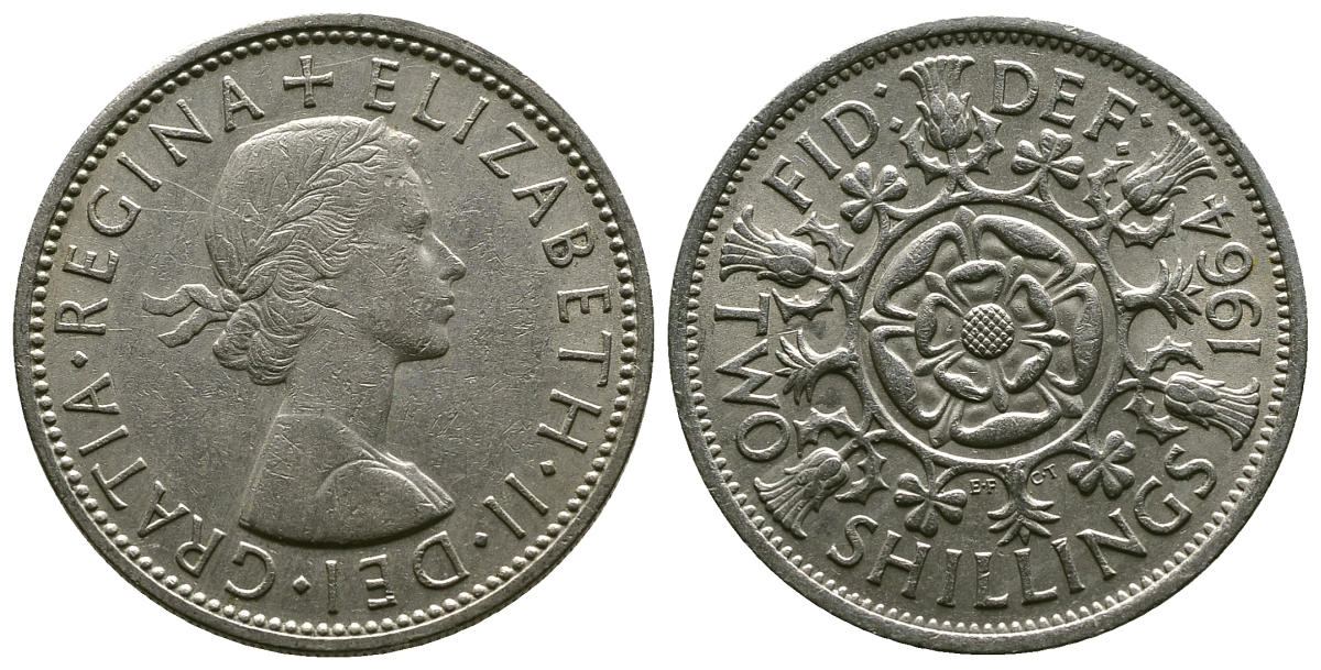 Великобритания 2 шиллинга (флорин) 1964 Елизавета II (1952-2022) KM 906, Spink 4146 медно-никель 4382-513