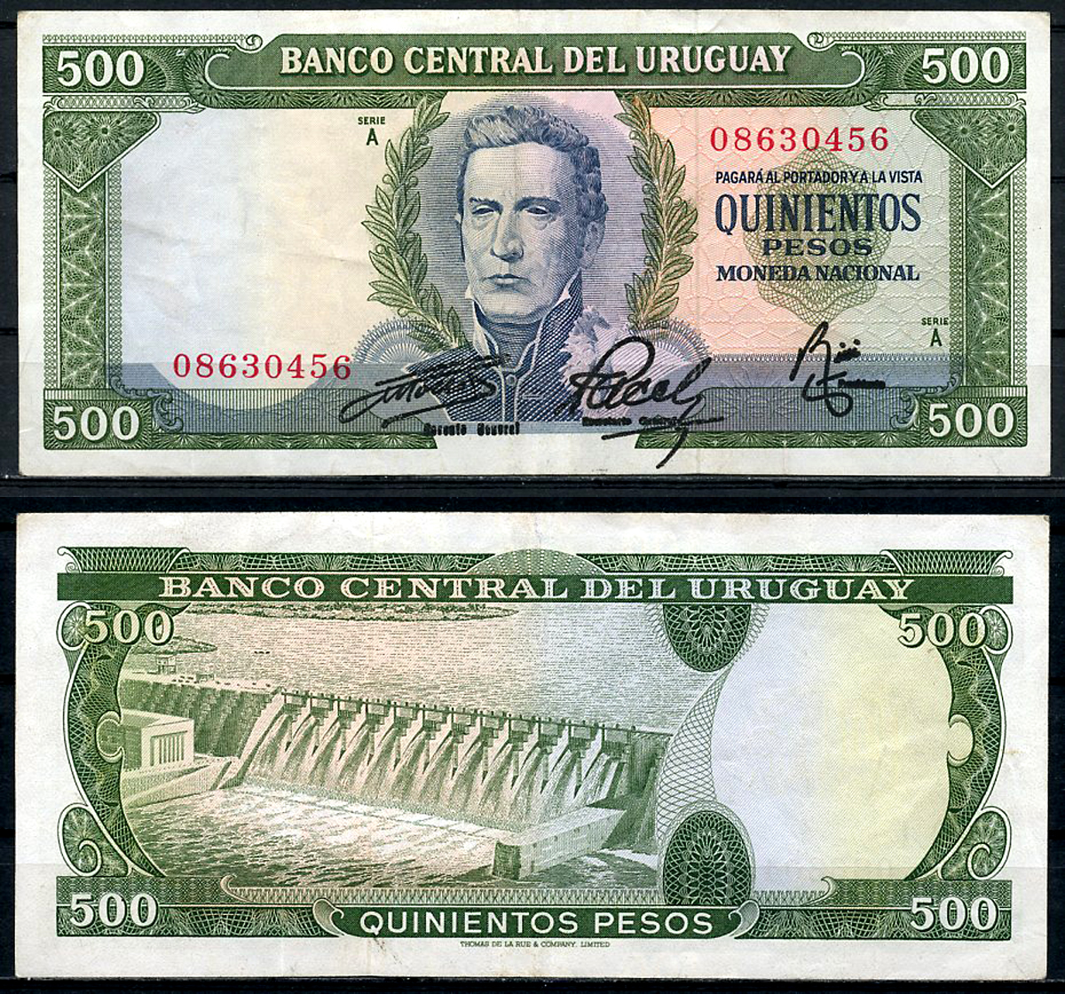 Уругвай 500 песо ND (1967) Хосе Хервасио Артигас, плотина ГЭС с водохранилищем Ринкон-дель-Монте на Рио-Негро, номер 086 Pick 48 a (6)  бумага   444-122-2-2