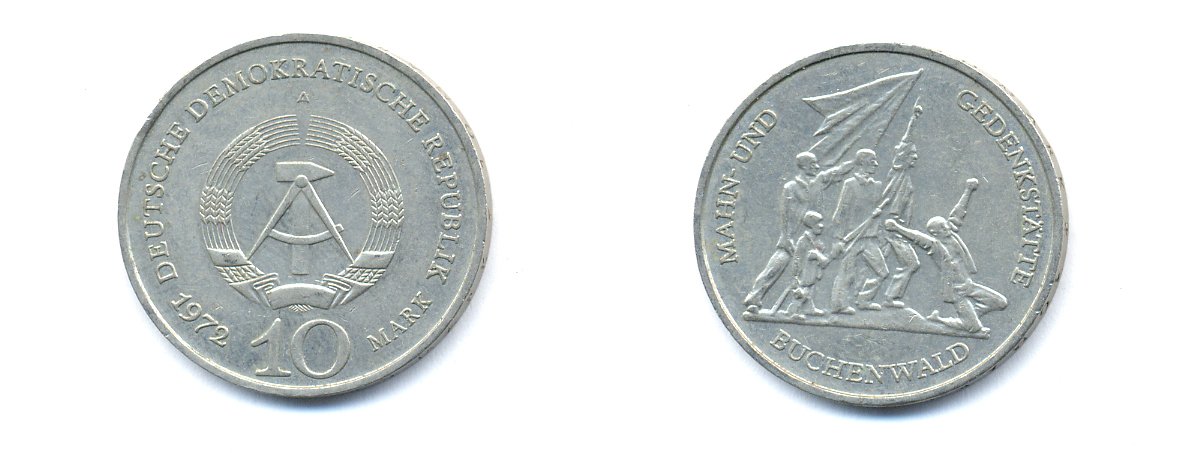 ГДР 10 марок 1972 A, мемориал Бухенвальда KM 38, J. 1539 медно-никель 3333-216