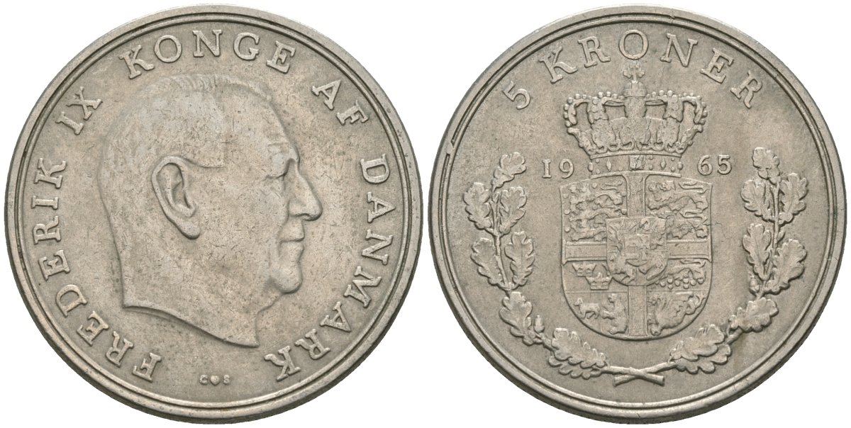 Дания 5 крон 1965 Фредерик IX (1947-1972) KM 853 медно-никель 81-235