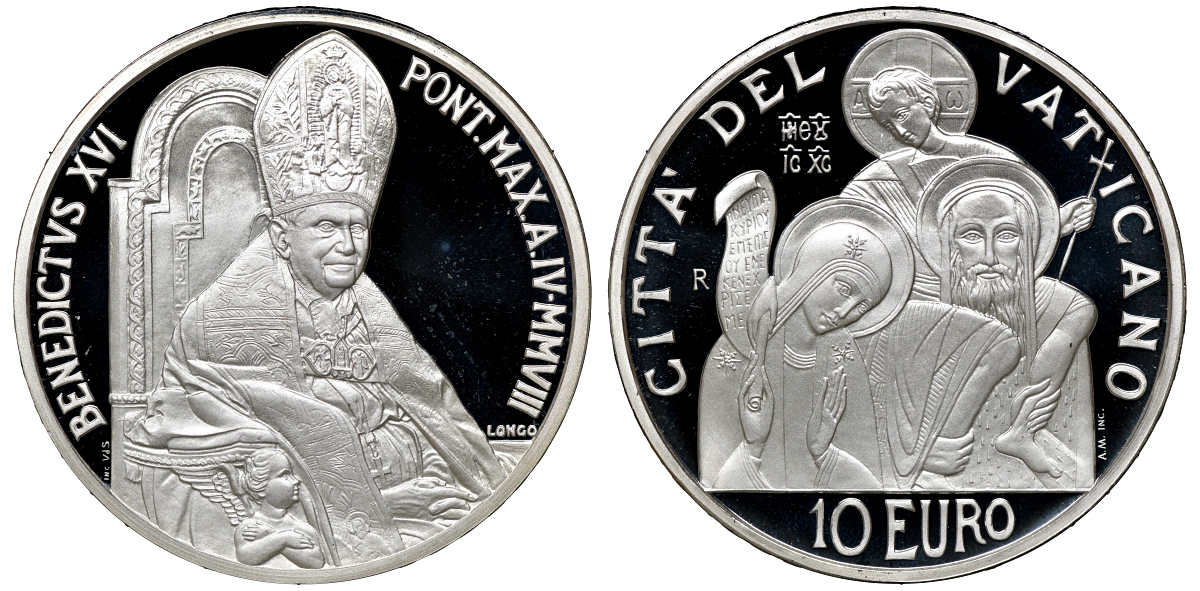Ватикан 5 евро 2008 Всемирный день молодежи и 10 евро 2008 Всемирный день мира, Бенедикт XVI, в оригинальных коробках с сертификатами KM 406, 407 серебро PROOF 4-3-3-04