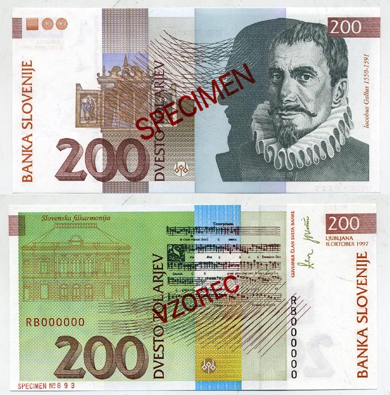 Словения 200 толаров 1997 Якоб Галлус, словенская филармония, Любляна, SPECIMEN, пробник Pick 15 s бумага UNC (пресс) 451-368-2