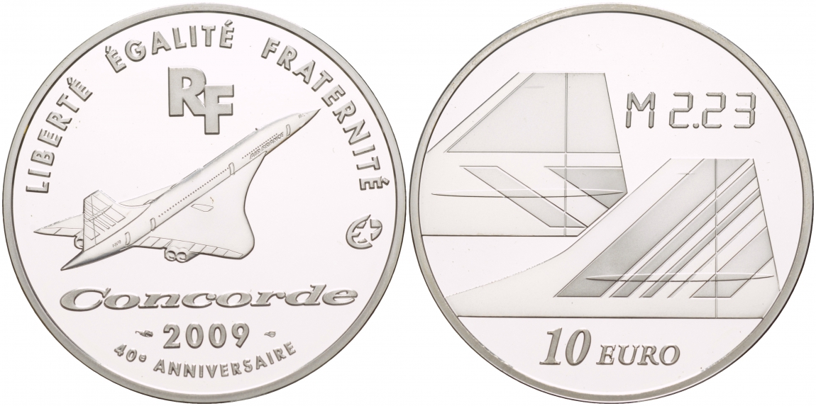 Франция 10 евро 2009 40 лет самолетам Конкорд, превышение скорости звука в 2,23 раза KM NEW серебро PROOF 11-076-11