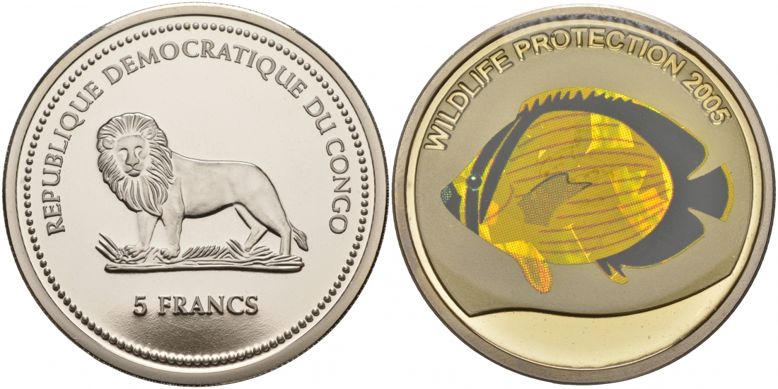 Конго 5 франков 2005 защита дикой природы, рыба бабочка, галограмма KM 179 медно-никель BUNC M7-4