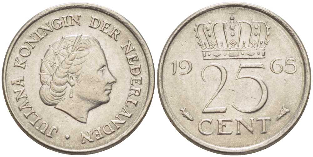 Нидерланды 25 центов 1965 Юлиана (1949-1980) KM 183 никель 214-943