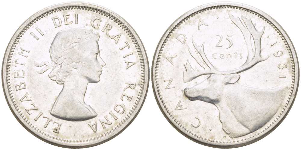 Канада 25 центов 1961 Елизавета II (1952-), олень KM 52 серебро 00-00
