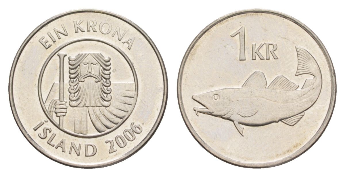 Исландия 1 крона 2006 треска KM 27a сталь плакированная никелем UNC 4635-115