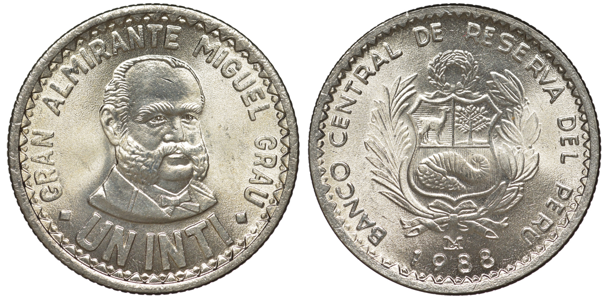 Перу 1 инти 1988 LIMA, Мигель Грау KM 296 медно-никель UNC 4605-342