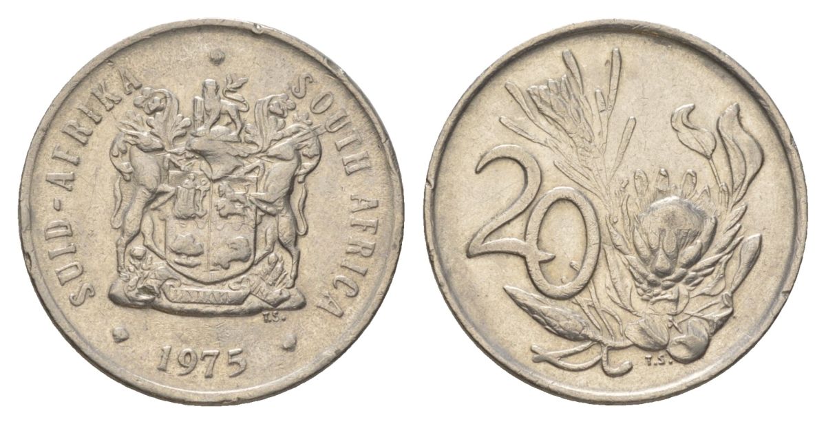 ЮАР 20 центов 1975 герб, цветок протея KM 86 никель 4626-755
