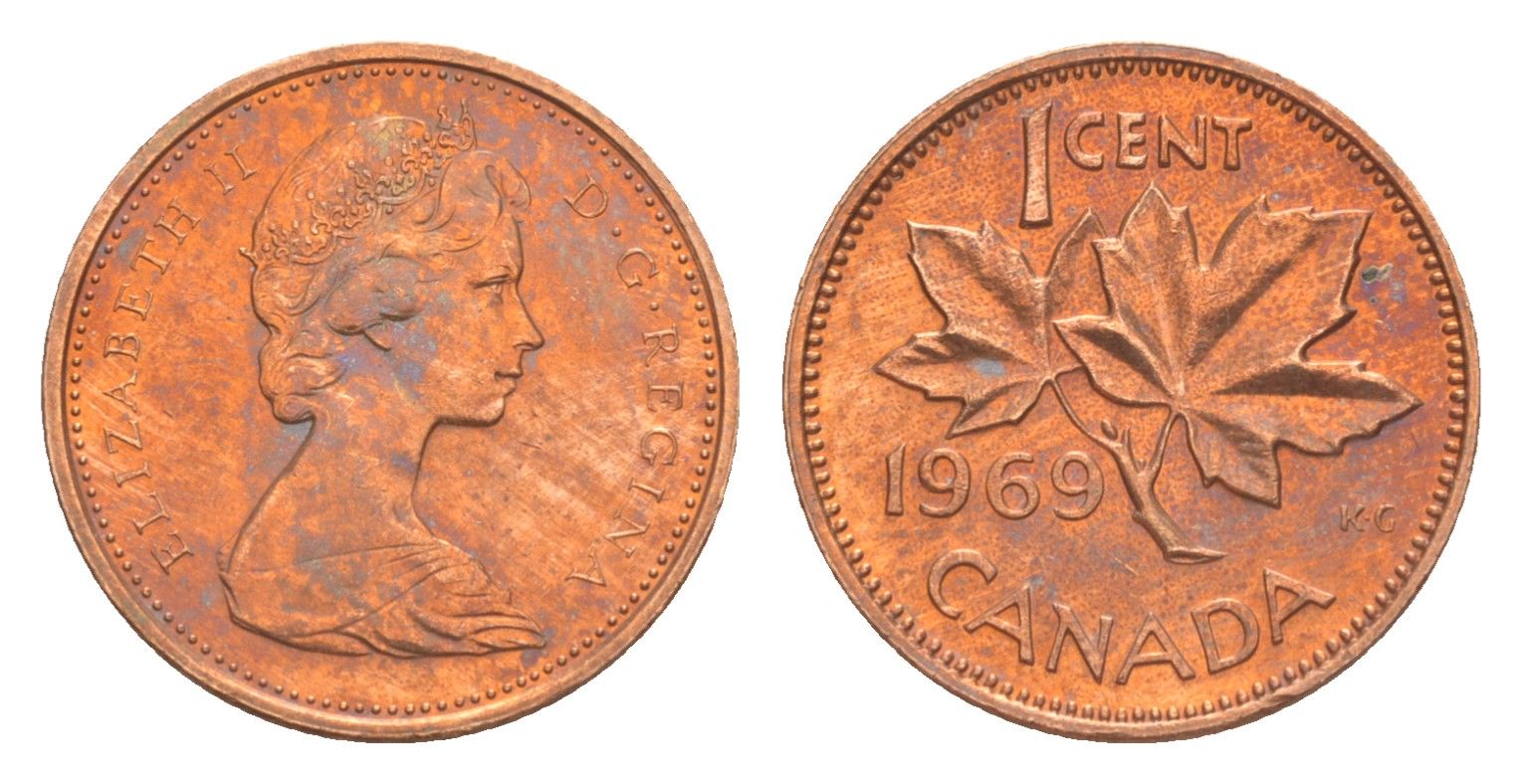 Канада 1 цент 1969 Елизавета II (1952-2022), кленовый лист KM 59 бронза 4639-333