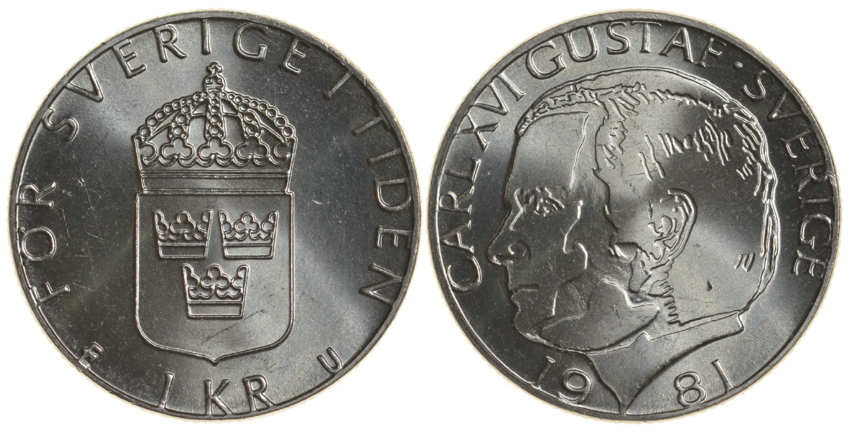 Швеция 1 крона 1981 Карл XVI Густав (1973- ) KM 852 медь плакированная медно-никелем UNC 4179-1221