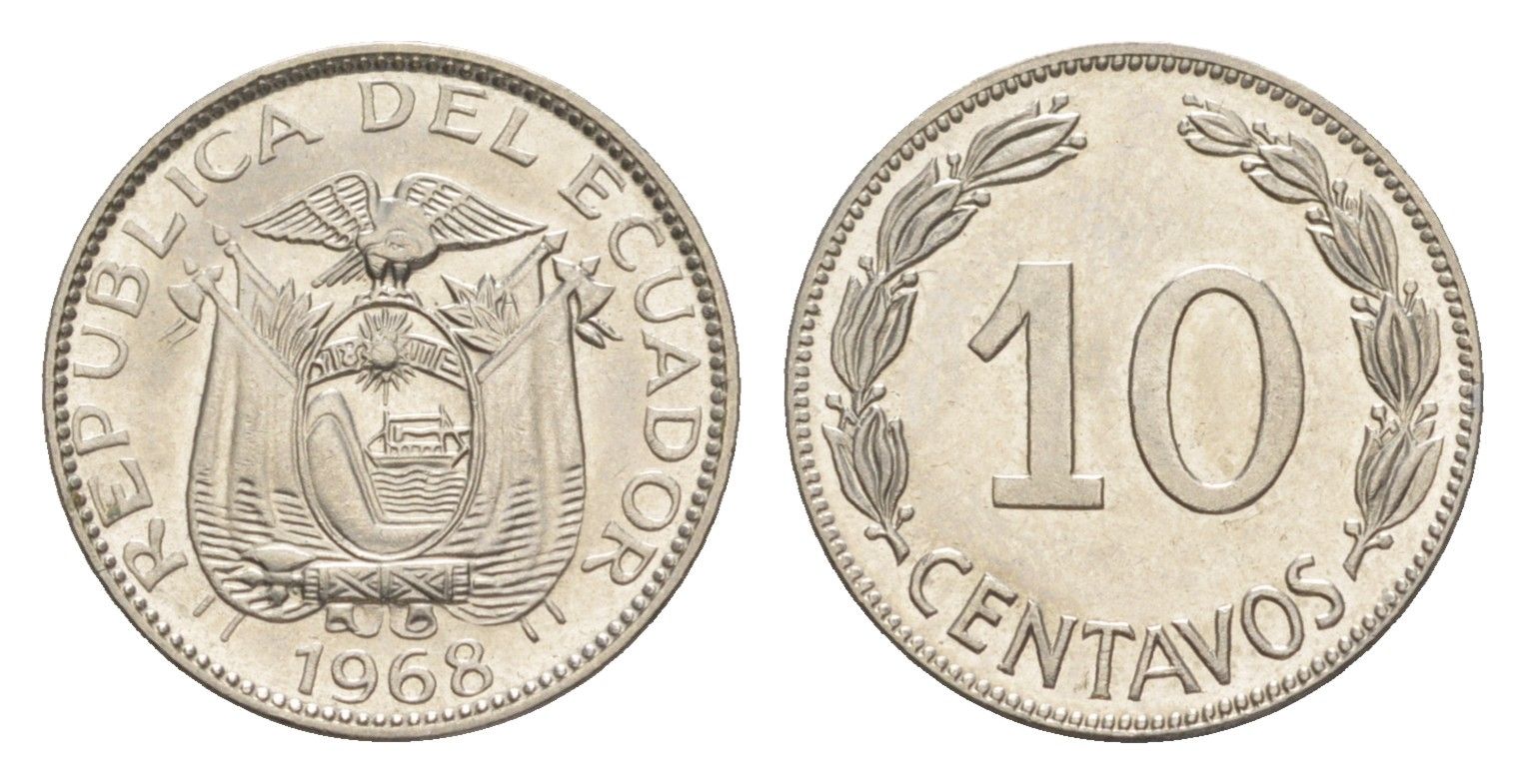Эквадор 10 сентаво 1968 KM 76c сталь плакированная никелем UNC 4643-1156
