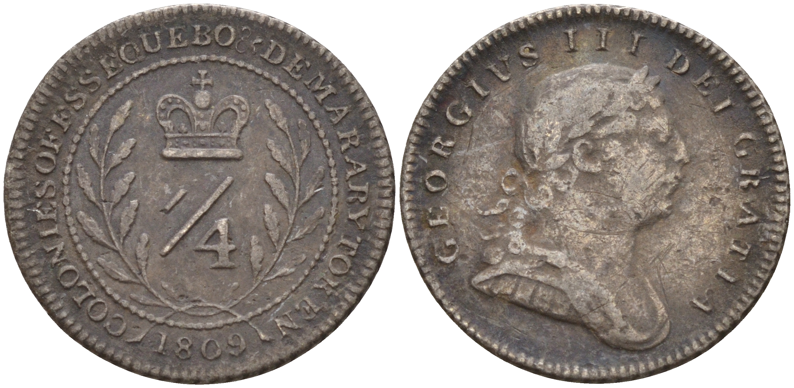 Эссекибо и Демерари 1/4 гульдена 1809 Георг III (1760-1820) KM 4 серебро    633-622