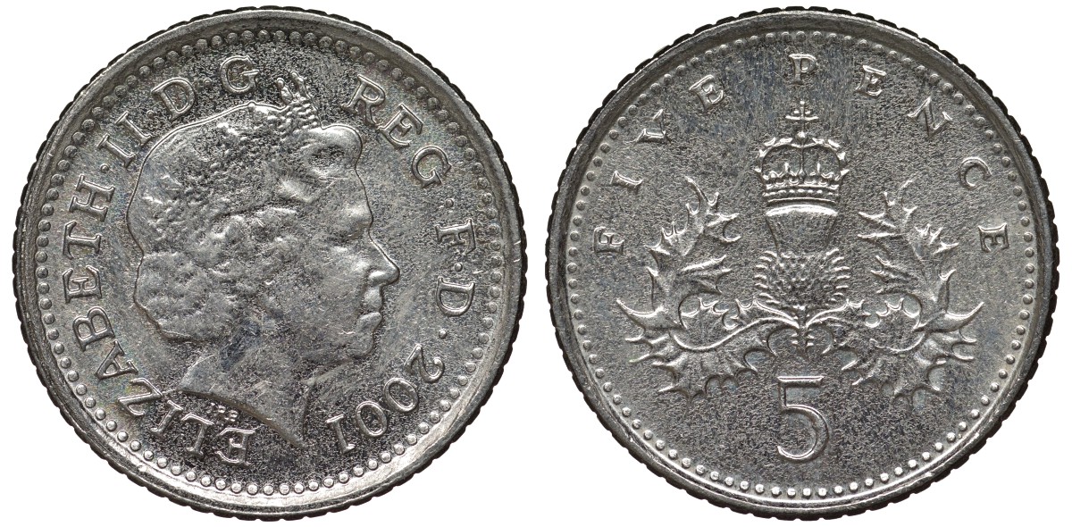 Великобритания 5 пенсов 2001 Елизавета II (1952-2022) KM 988, Spink 4670 (D5) медно-никель 4124-659