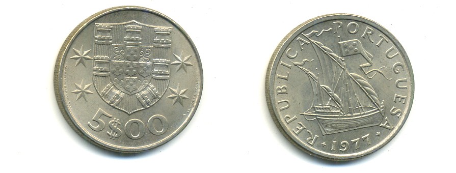 ПОРТУГАЛИЯ 5 ЭСКУДО 1977 ПАРУСНИК KM 591 медно-никель 176-242