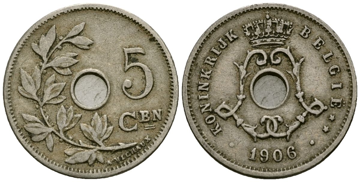 Бельгия 5 сантимов 1906 Belgie, Леопольд II (1865-1909) KM 55 медно-никель 4173-143