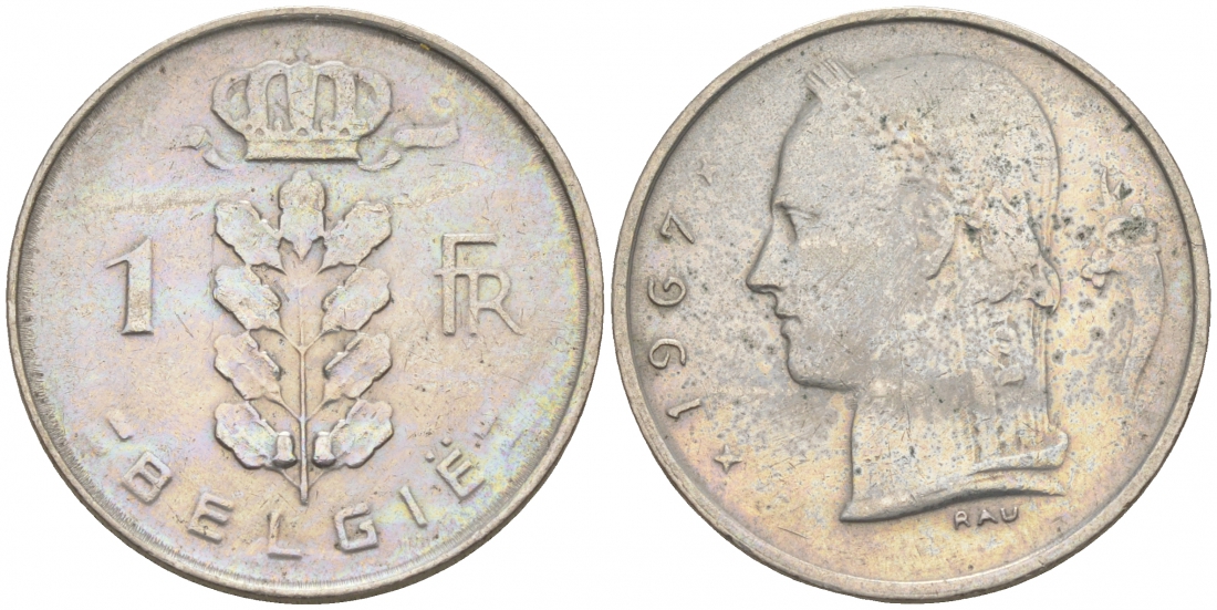 БЕЛЬГИЯ 1 ФРАНК 1967 BELGIE KM 143.1 медно-никель 68-526