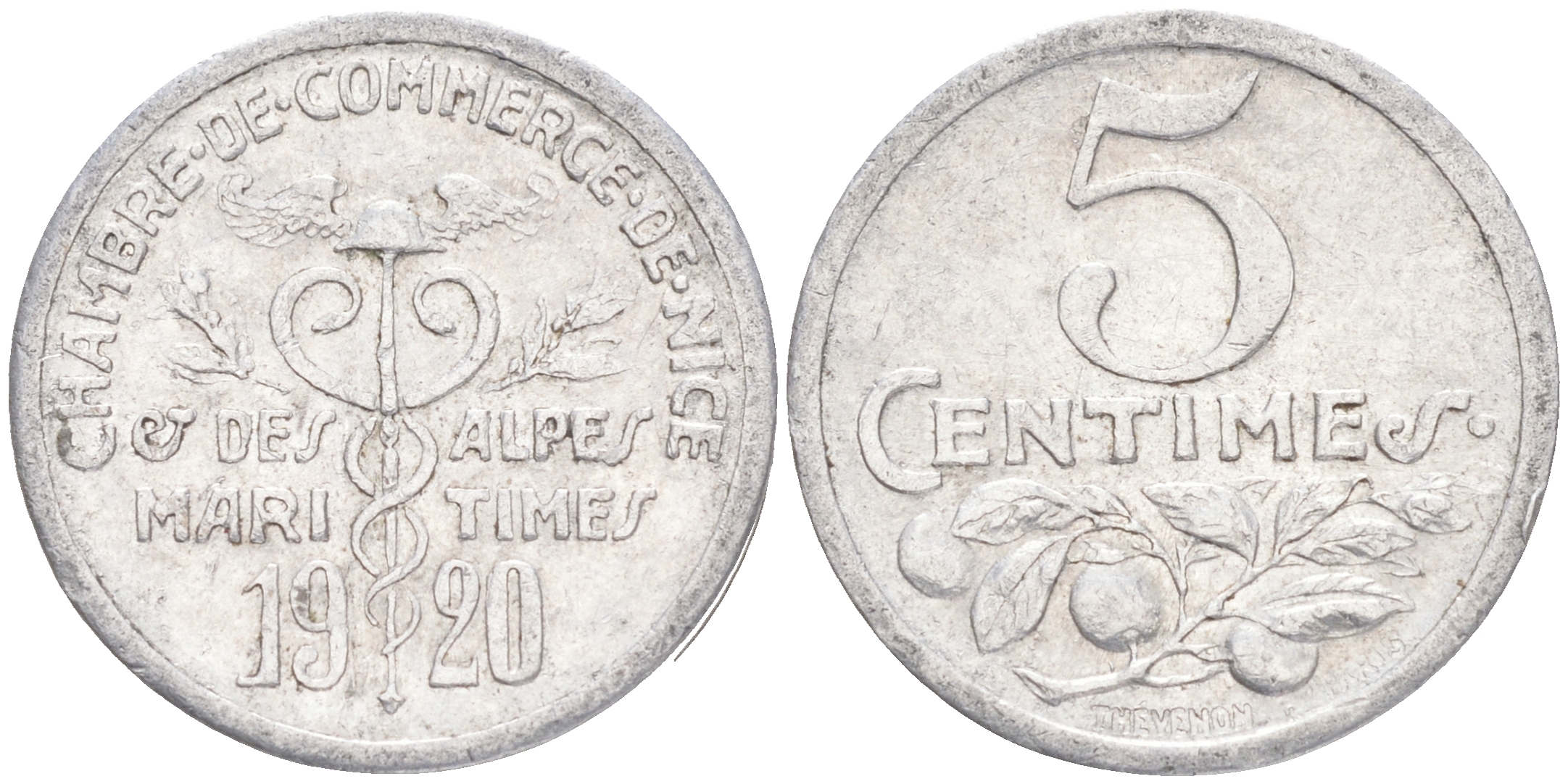 ФРАНЦИЯ 5 САНТИМОВ 1920 НИЦЦА, ТОКЕН, НОТГЕЛЬД алюминий 4516-644