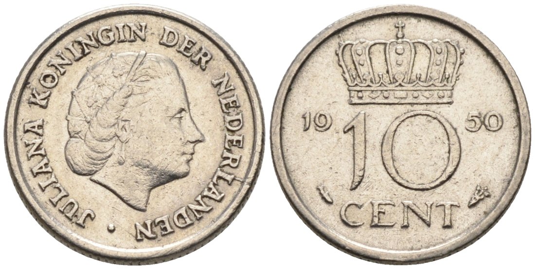 Нидерланды 10 центов 1950 Юлиана (1949-1980) КМ 182 никель 4567-553