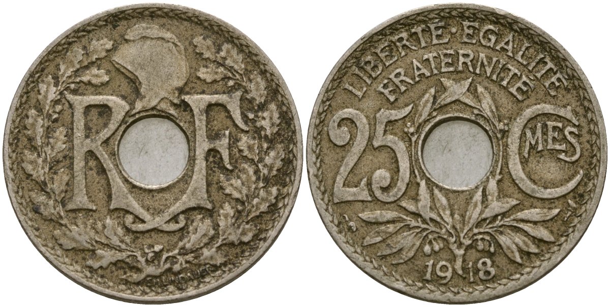 Франция 25 сантимов 1918 KM 867a медно-никель 51-2923