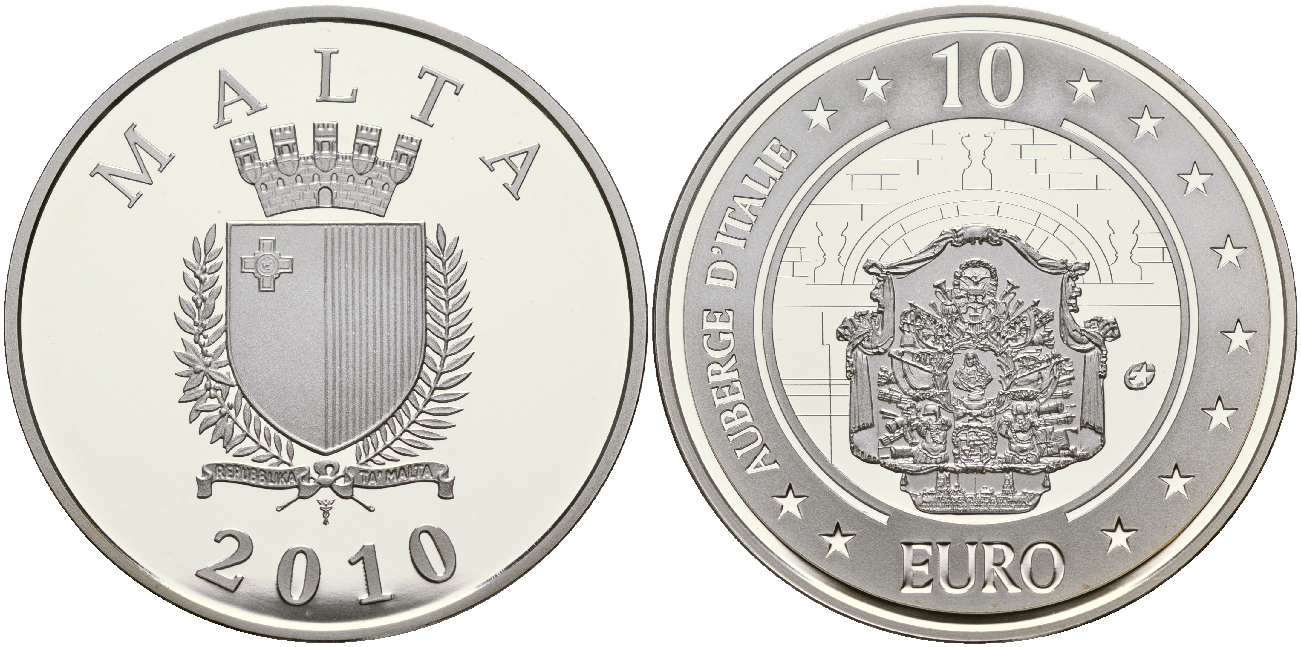 Мальта 10 евро 2010 серия культурное наследие, резиденция рыцарей Мальтийского ордена KM NEW серебро PROOF 11-165-41