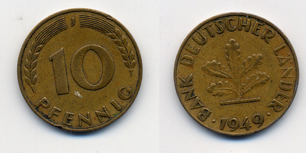 ФРГ 10 ПФЕННИГОВ 1949 J KM 103 латунь сталь 4388-214