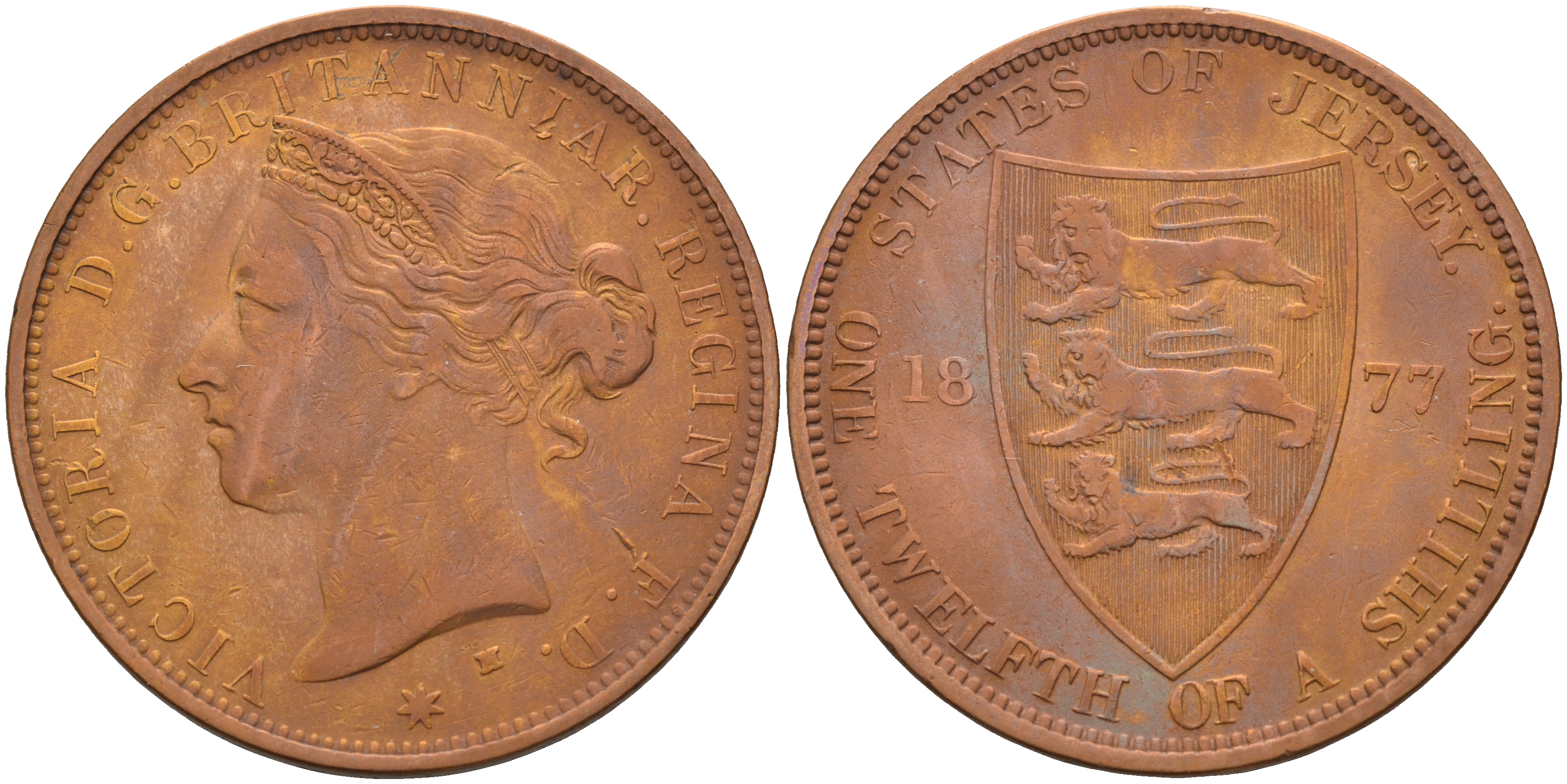 Джерси 1/12 шиллинга 1877 H, Виктория (1837-1901) KM 8 бронза 4367-1211