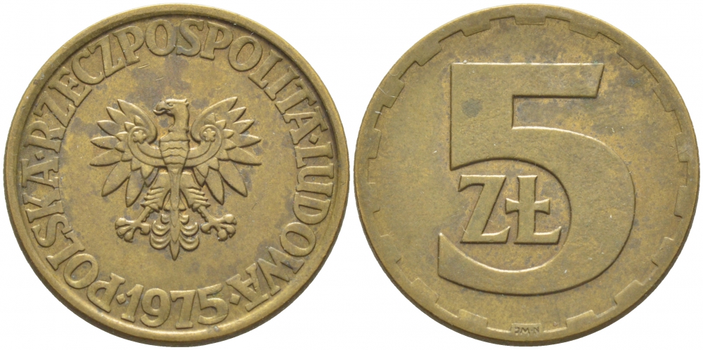 ПОЛЬША 5 ЗЛОТЫХ 1975 ЛЕНИНГРАДСКИЙ МОНДВОР KM 81.1 латунь 3856-811