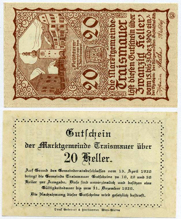Австрия, Трайсмауэр 20 геллеров 1920 31 декабря 1920, нотгельд, земля Нижняя Австрия   бумага  UNC (пресс) 8614-30-1-2