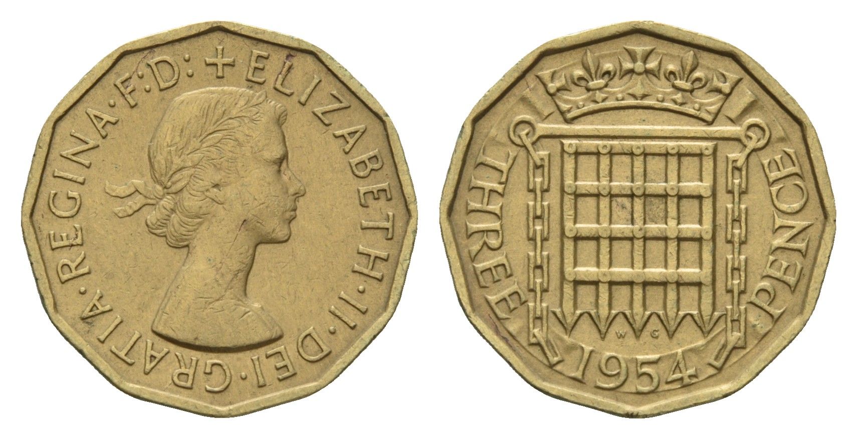 Великобритания 3 пенса 1954 Елизавета II (1952-2022) KM 900, Spink 4153 никель латунь 4121-526