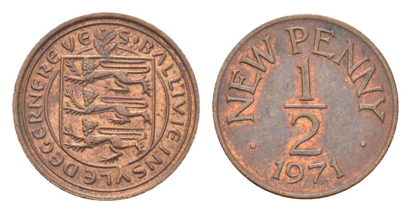 Гернси 1/2 нового пенни 1971 Елизавета II (1952-2022), герб KM 20 бронза 4702-713
