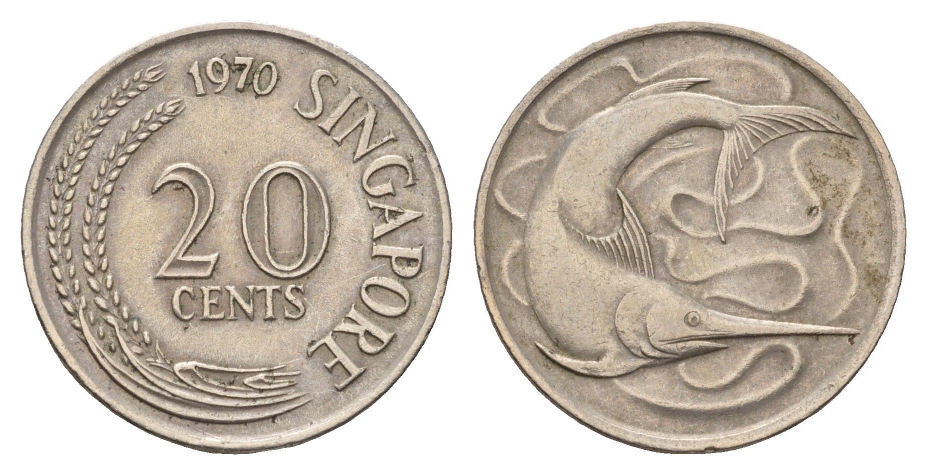 Сингапур 20 центов 1970 голубой марлин, тунец KM 4 медно-никель 4511-627
