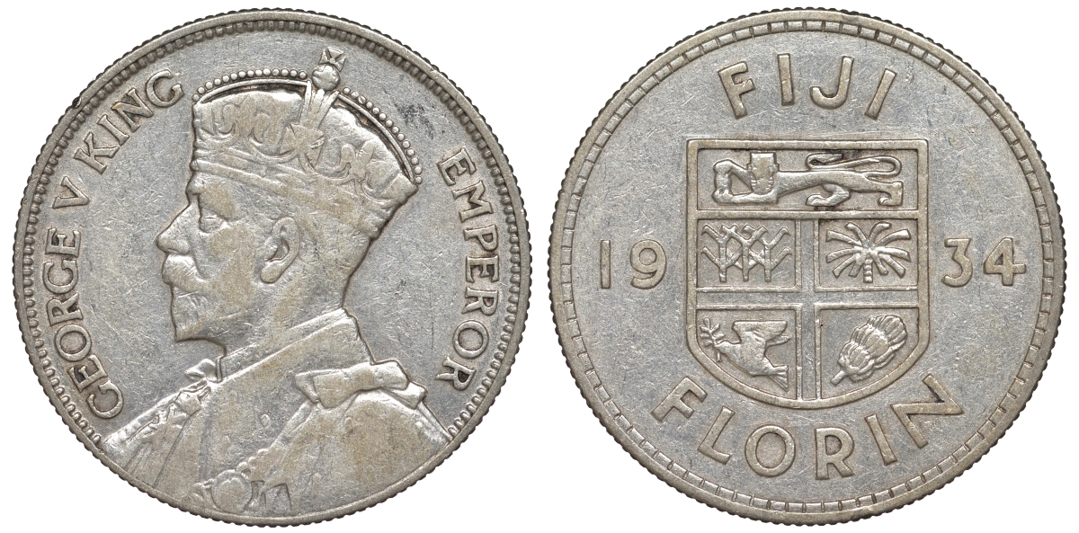 Фиджи 1 флорин 1934 Георг V (1910-1936), герб Фиджи KM 5 серебро    91-1124