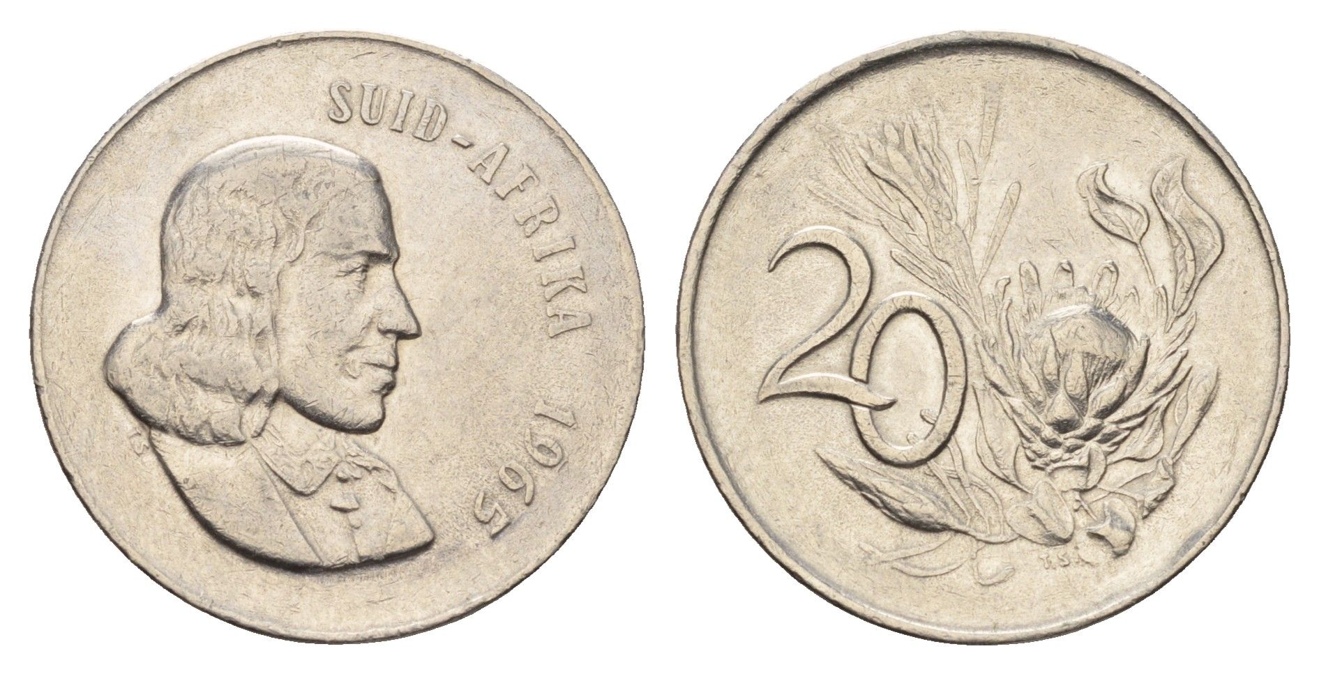 ЮАР 20 центов 1965 Ян ван Рибек (1619-1677), Suid Africa, легенда на африкаанс, капские воробьи KM 69.2 никель 4675-617