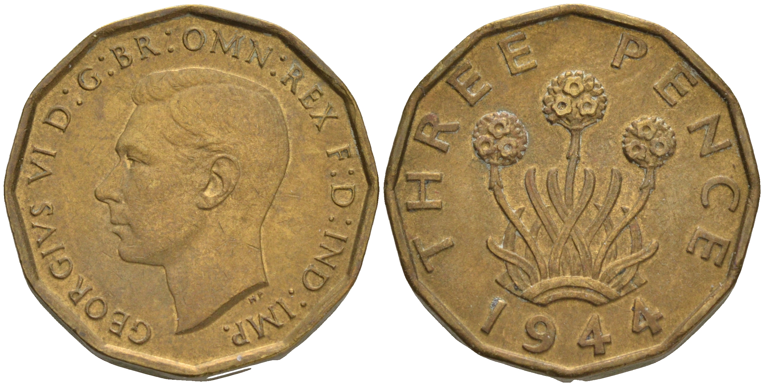 Великобритания 3 пенса 1944 Георг VI (1936-1952) KM 849, Spink 4112 никель латунь 4561-612