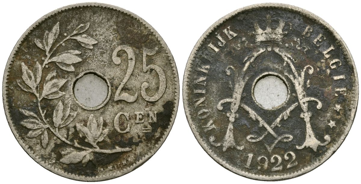 Бельгия 25 сантимов 1922 Belgie KM 69 медно-никель 4165-846