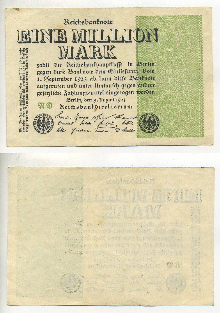 Германия 1000000 марок 1923 9 августа, тип 2, водяной знак маленькие круги Pick 102 b, Розенберг 101 b, Grabowski DEU 114 b бумага 7217-100-1-1