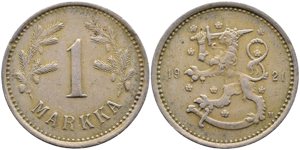 ФИНЛЯНДИЯ 1 МАРКА 1921 H KM 30 медно-никель 4388-927
