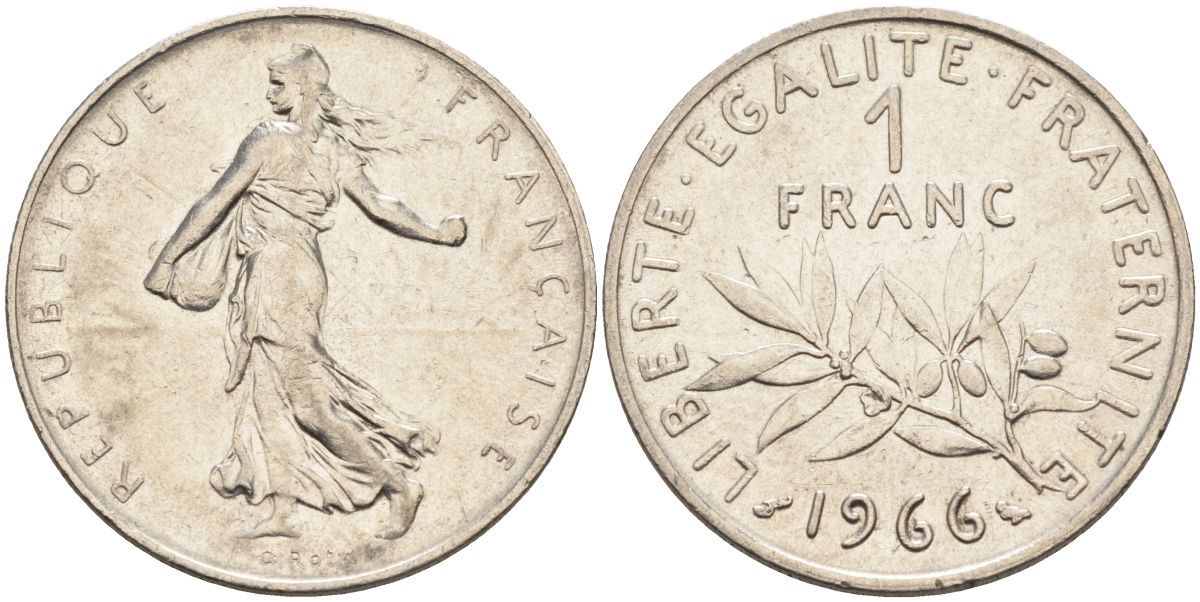 Франция 1 франк 1966 сеятель, тип Semeuse KM 925, Le Franc 226.11 никель 4592-1111