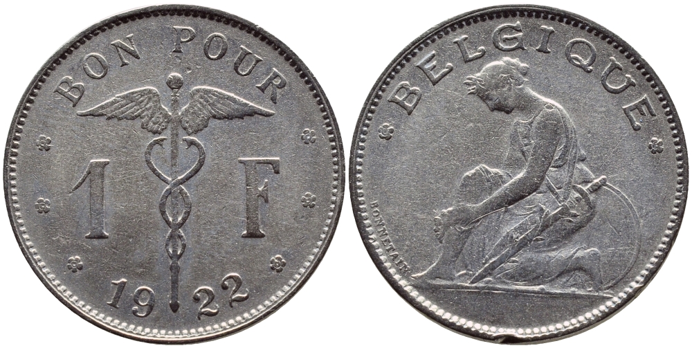 Бельгия 1 франк 1922 Belgique, Альберт I (1910-1934) KM 89 никель 86-1842