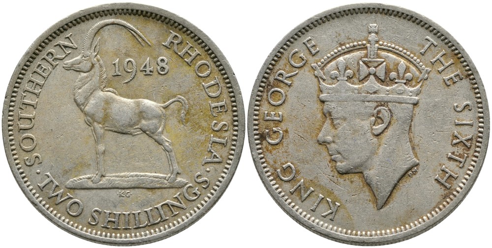 Британская Южная Родезия 2 шиллинга 1948 Георг VI (1936-1952), черная антилопа KM 23 медно-никель 00-00