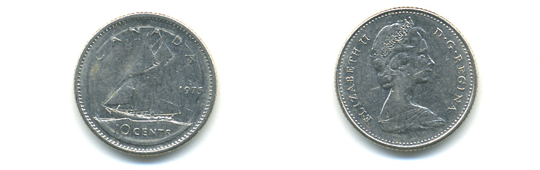 Канада 10 центов 1975 Елизавета II (1952-2022), парусник KM 77.1 никель 86-1114