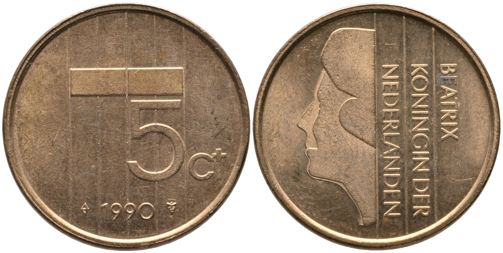 НИДЕРЛАНДЫ 5 ЦЕНТОВ 1990 БЕАТРИКС KM 202 бронза 65-1255