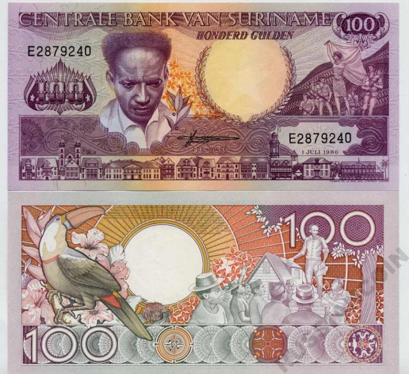 Суринам 100 гульденов 1986 Антон де Ком, тукан на ветке, 1 буква в серии Pick 133 a (1) бумага UNC (пресс) 447-76-2