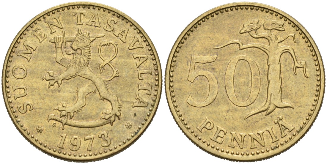 ФИНЛЯНДИЯ 50 ПЕННИ 1973 S KM 48 алюминиевая бронза 4563-426