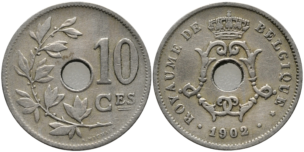 БЕЛЬГИЯ 10 САНТИМОВ 1902 BELGIQUE KM 48 медно-никель 4379-1013