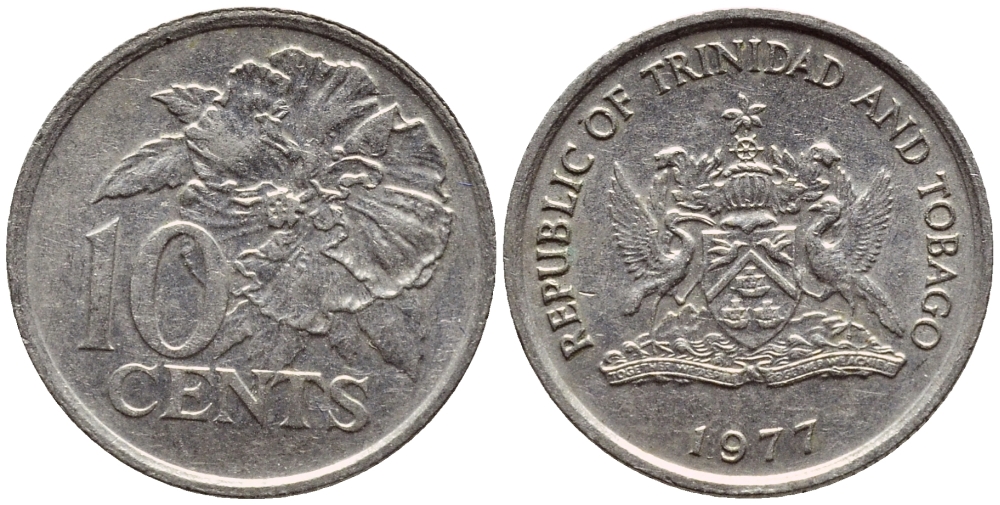 Тринидад и Тобаго 10 центов 1977 цветок гибискуса KM 31 медно-никель 4396-858