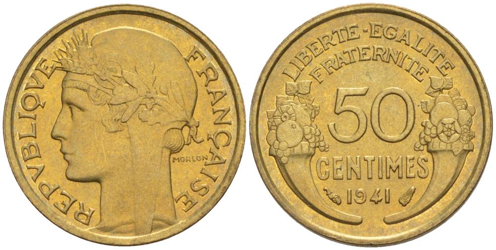 ФРАНЦИЯ 50 САНТИМОВ 1941 ТИП MORLON KM 894.1, LE FRANC 192.18 алюминиевая бронза 44-421