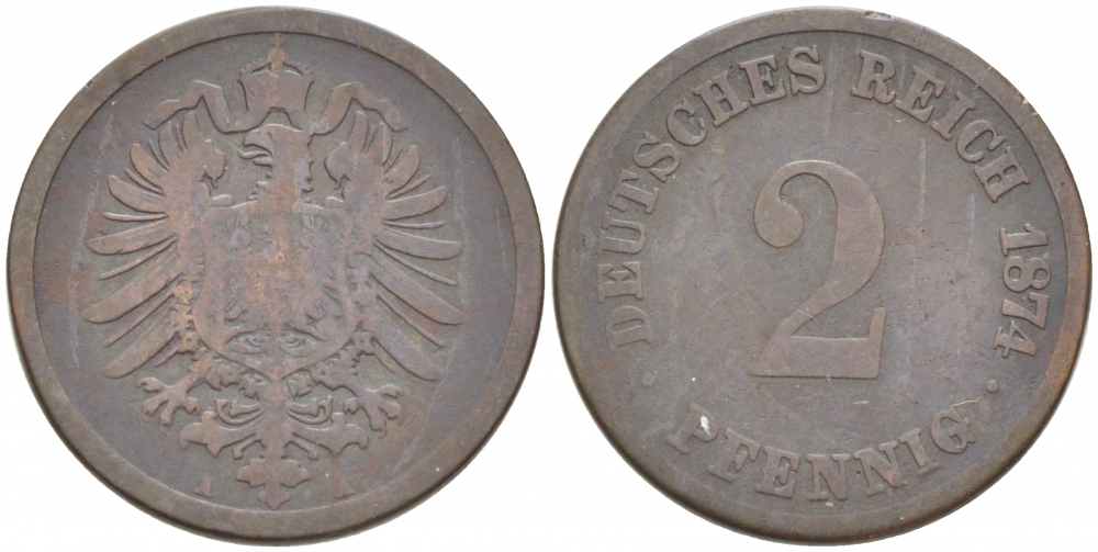 ГЕРМАНИЯ 2 ПФЕННИГА 1874 A, СТАРОГЕРБОВКА KM 2 J 2 медь 3718-235